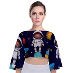 Boy Spaceman Space Rocket Ufo Planets Stars Tie Back Butterfly Sleeve Chiffon Top by Ndabl3x