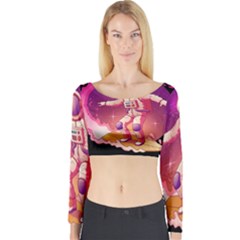 Astronaut Spacesuit Standing Surfboard Surfing Milky Way Stars Long Sleeve Crop Top by Ndabl3x