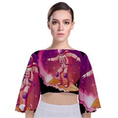 Astronaut Spacesuit Standing Surfboard Surfing Milky Way Stars Tie Back Butterfly Sleeve Chiffon Top by Ndabl3x