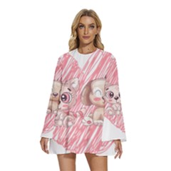 Dog Cat Animal Pet Heart Love Round Neck Long Sleeve Bohemian Style Chiffon Mini Dress by Sarkoni