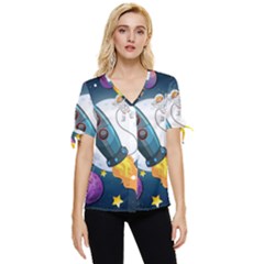 Spaceship Astronaut Space Bow Sleeve Button Up Top by Hannah976