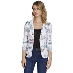 Music Themed Doodle Seamless Background Women s One-button 3/4 Sleeve Short Jacket by Hannah976