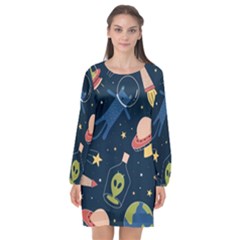 Seamless Pattern With Funny Aliens Cat Galaxy Long Sleeve Chiffon Shift Dress  by Hannah976