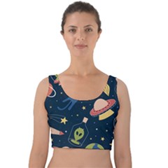 Seamless Pattern With Funny Aliens Cat Galaxy Velvet Crop Top by Hannah976