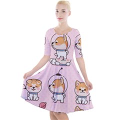 Set Kawaii Smile Japanese Dog Akita Inu Cartoon Quarter Sleeve A-line Dress by Hannah976