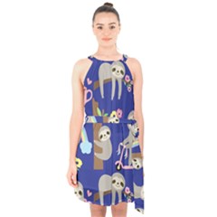 Hand Drawn Cute Sloth Pattern Background Halter Collar Waist Tie Chiffon Dress by Hannah976
