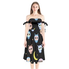 Cute Art Print Pattern Shoulder Tie Bardot Midi Dress by Apen
