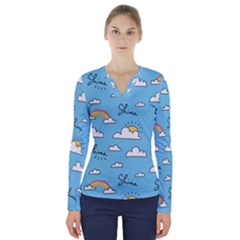 Seamless Pattern Vector Owl Cartoon With Bugs V-neck Long Sleeve Top by Apen