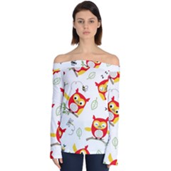 Seamless Pattern Vector Owl Cartoon With Bugs Off Shoulder Long Sleeve Top by Apen