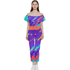 Multicolored Abstract Background Bardot Ruffle Jumpsuit by Apen