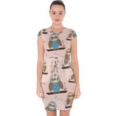 Seamless Pattern Owls Dream Cute Style Pajama Fabric Capsleeve Drawstring Dress  by Apen