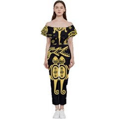 Mexican Culture Golden Tribal Icons Bardot Ruffle Jumpsuit by Apen