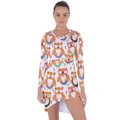 Cute Colorful Owl Cartoon Seamless Pattern Asymmetric Cut-out Shift Dress by Apen