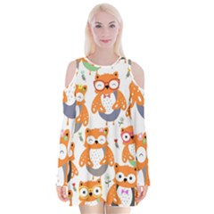 Cute Colorful Owl Cartoon Seamless Pattern Velvet Long Sleeve Shoulder Cutout Dress by Apen
