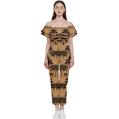Camel Palm Tree Patern Bardot Ruffle Jumpsuit by Jatiart