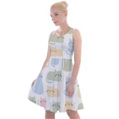 Cute Cat Colorful Cartoon Doodle Seamless Pattern Knee Length Skater Dress by Ravend