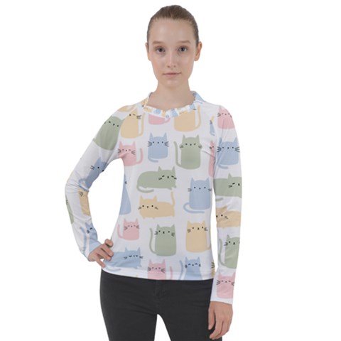 Cute Cat Colorful Cartoon Doodle Seamless Pattern Women s Pique Long Sleeve T-shirt by Ravend