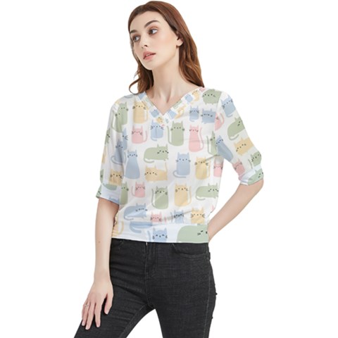 Cute Cat Colorful Cartoon Doodle Seamless Pattern Quarter Sleeve Blouse by Ravend