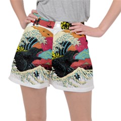 Retro Wave Kaiju Godzilla Japanese Pop Art Style Women s Ripstop Shorts by Cendanart