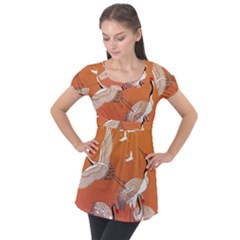 Japanese Crane Painting Of Birds Puff Sleeve Tunic Top by Cendanart