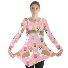 Corgi Bubble Boba Tea Pink Pattern Long Sleeve Tunic  by Cendanart