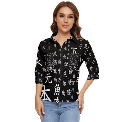 Japanese Basic Kanji Anime Dark Minimal Words Women s Quarter Sleeve Pocket Shirt by Bedest