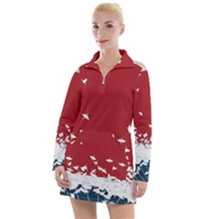Red Sun Sea Waves Bird Japanese Art Minimalist Women s Long Sleeve Casual Dress by Bedest