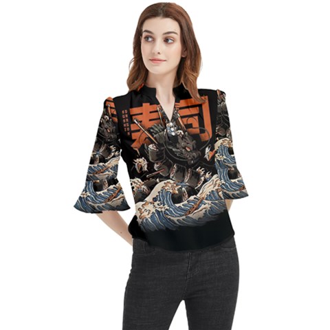 Sushi Dragon Japanese Loose Horn Sleeve Chiffon Blouse by Bedest