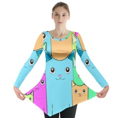 Cat Animals Cartoon Pattern Long Sleeve Tunic  by Cendanart