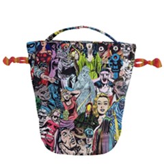 Vintage Horror Collage Pattern Drawstring Bucket Bag by Ket1n9