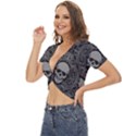 Dark Horror Skulls Pattern Twist Front Crop Top View2