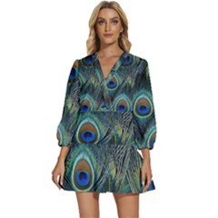 Feathers Art Peacock Sheets Patterns V-neck Placket Mini Dress by Ket1n9