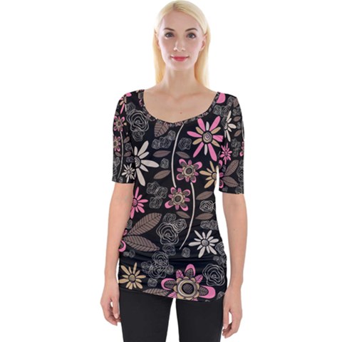 Flower Art Pattern Wide Neckline T-shirt by Ket1n9