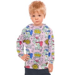 Seamless Pattern With Many Funny Cute Superhero Dinosaurs T-rex Mask Cloak With Comics Style Inscrip Kids  Hooded Pullover by Ket1n9