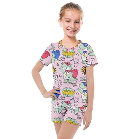 Seamless Pattern With Many Funny Cute Superhero Dinosaurs T-rex Mask Cloak With Comics Style Inscrip Kids  Mesh T-shirt And Shorts Set by Ket1n9