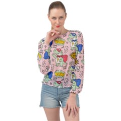 Seamless Pattern With Many Funny Cute Superhero Dinosaurs T-rex Mask Cloak With Comics Style Inscrip Banded Bottom Chiffon Top by Ket1n9