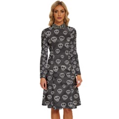 Skull Halloween Background Texture Long Sleeve Shirt Collar A-line Dress by Ket1n9