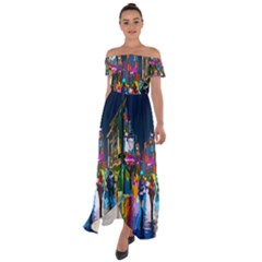 Abstract Vibrant Colour Cityscape Off Shoulder Open Front Chiffon Dress by Ket1n9