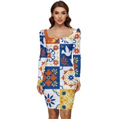 Mexican Talavera Pattern Ceramic Tiles With Flower Leaves Bird Ornaments Traditional Majolica Style Women Long Sleeve Ruched Stretch Jersey Dress by Ket1n9