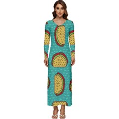 Taco Drawing Background Mexican Fast Food Pattern Long Sleeve Longline Maxi Dress by Ket1n9