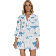 Seamless Pattern With Cute Sharks Hearts V-neck Placket Mini Dress by Ket1n9
