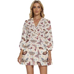 Pattern With Butterflies Moths V-neck Placket Mini Dress by Ket1n9