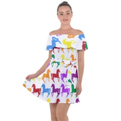 Colorful Horse Background Wallpaper Off Shoulder Velour Dress by Hannah976