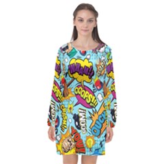 Comic Elements Colorful Seamless Pattern Long Sleeve Chiffon Shift Dress  by Hannah976