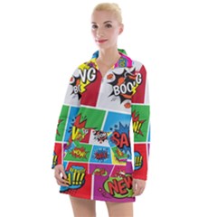 Pop Art Comic Vector Speech Cartoon Bubbles Popart Style With Humor Text Boom Bang Bubbling Expressi Women s Long Sleeve Casual Dress by Hannah976