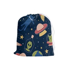 Seamless Pattern With Funny Alien Cat Galaxy Drawstring Pouch (large) by Ndabl3x