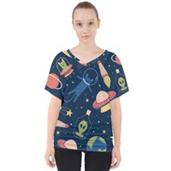 Seamless Pattern With Funny Alien Cat Galaxy V-neck Dolman Drape Top by Ndabl3x