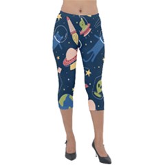 Seamless Pattern With Funny Alien Cat Galaxy Lightweight Velour Capri Leggings  by Ndabl3x