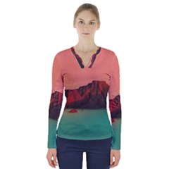 Brown Mountain Illustration Sunset Digital Art Mountains V-neck Long Sleeve Top by Cendanart
