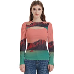 Brown Mountain Illustration Sunset Digital Art Mountains Women s Cut Out Long Sleeve T-shirt by Cendanart